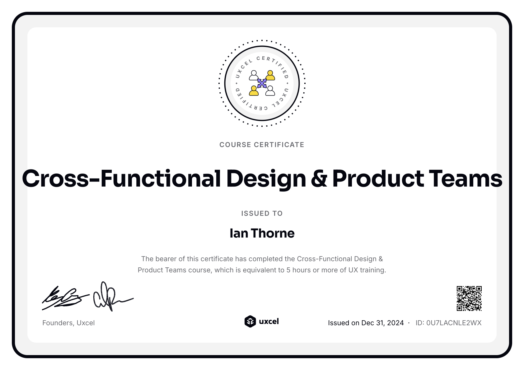 Ian Thorne's certificate